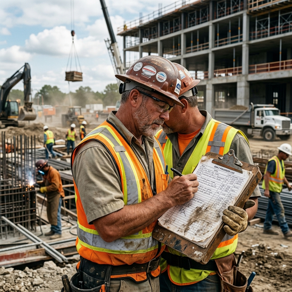 Manual construction daily report and change order forms on paper clipboard - Simply Connected Systems
