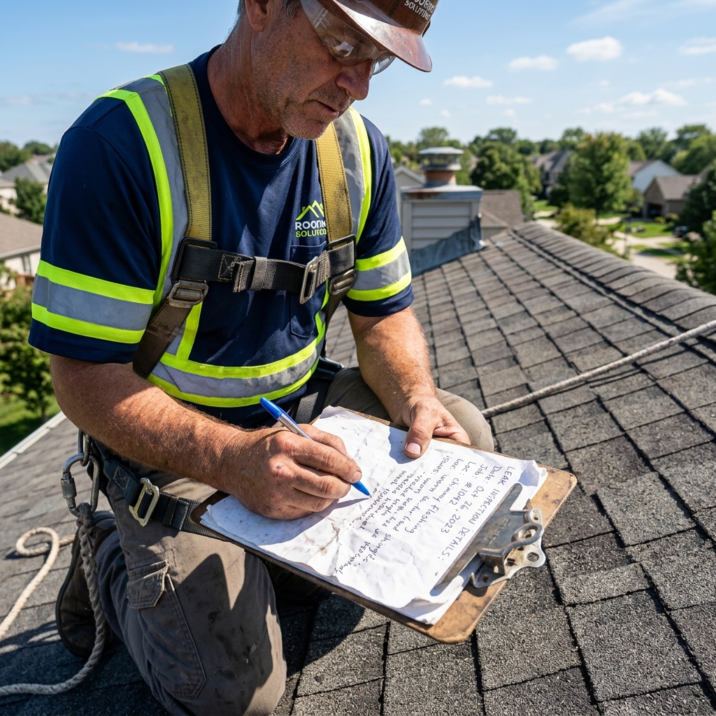 Manual roof inspection and leak report on paper clipboard - Simply Connected Systems