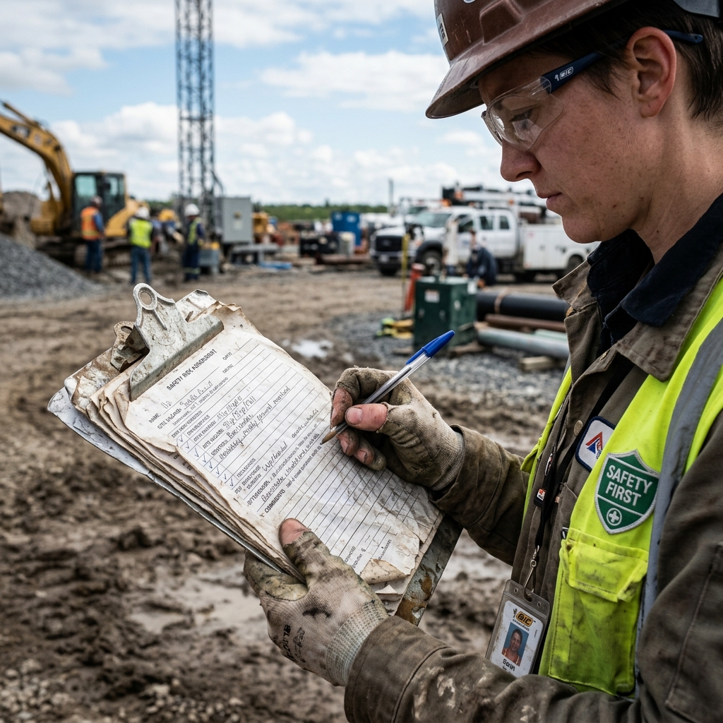 Manual working at height risk assessment and safety audit on paper clipboard - Simply Connected Systems